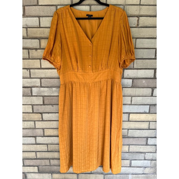Ann Taylor Dresses & Skirts - Ann Taylor Mustard Yellow Textured Midi Dress Size XL Short Puff Sleeve Henley